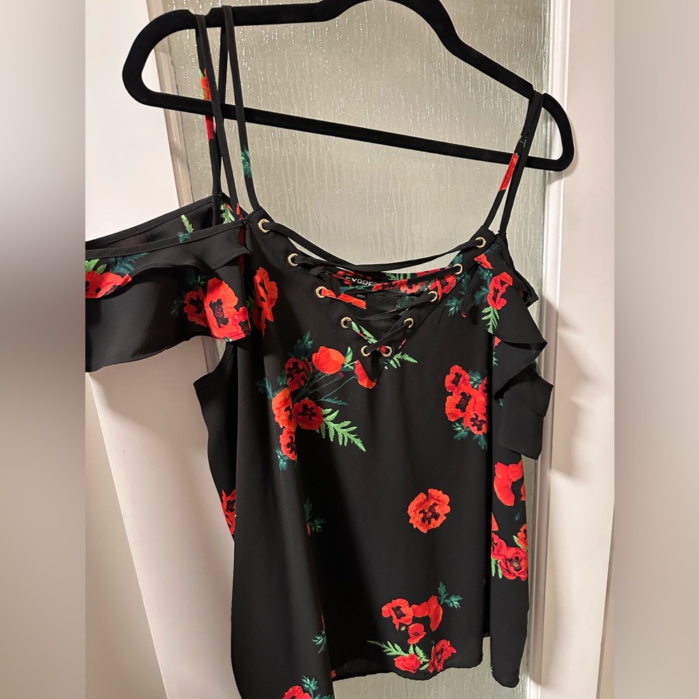 Express Black Top with Red Floral Accents
